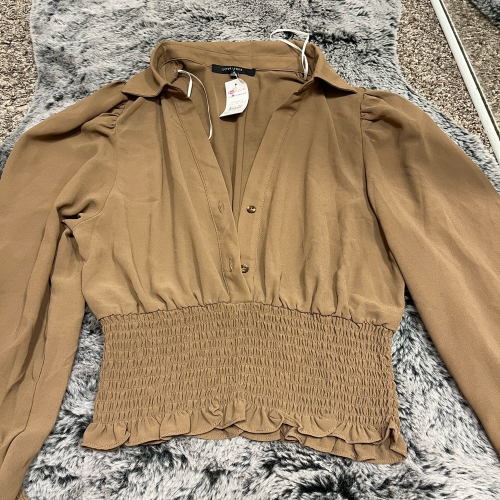 Love tree button front blouse in brown